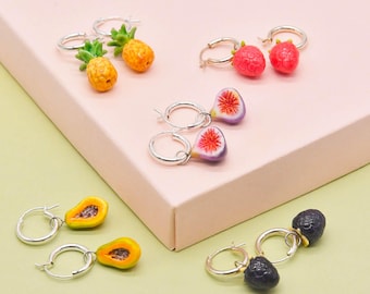 Handmade Porcelain Fruit Hoop Earrings, Sterling Silver, Fig, Papaya, Pineapple, Raspberry and Blackberry Hoop Earrings