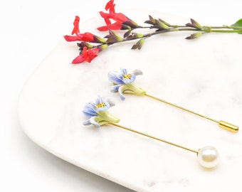 Porcelain Iris Pin Brooch/ Flower Pin/ Wedding Pin Brooch/Blue Flower Brooch/Lapel Pin Boutonniere/ Groomsmen Gift/Best Man Pin