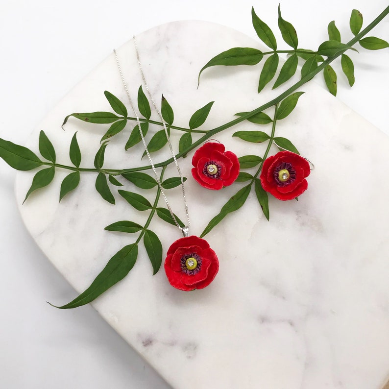 Porcelain Red Poppy pendant with sterling silver necklace/ Poppy Necklace/ Poppy Pendant/ Poppy/ Flower Necklace/ Flower Pendant/ Red Poppy image 8