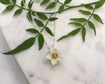 Handmade Porcelain Orange Blossom Pendant Necklace, Sterling Silver Chain