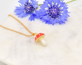 Handmade Porcelain Mushroom Pendant, Gold Plated Necklace