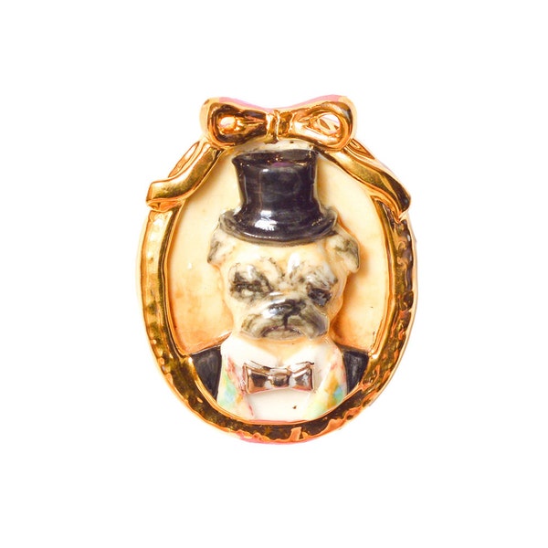 Broche de cameo de perro de porcelana / broche de forma ovalada / broche de perro / broche de cameo / broche de animales / Pug / perro