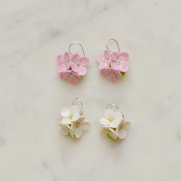 Porcelain Hydrangea Drop Earrings, Sterling Silver, Hooks Swarovski Crystal, Bridal Jewelry