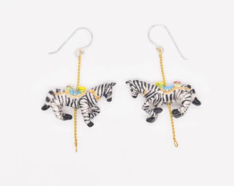 Porcelain Zebra Drop Earrings, 24k Gold Detail, Sterling Silver Hooks