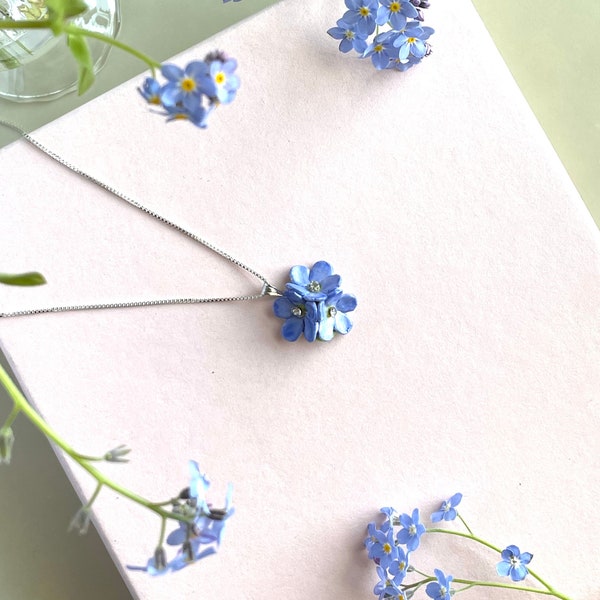 Porcelain Forget-Me-Not Necklace, Sterling Silver Chain, Swarovski Crystal