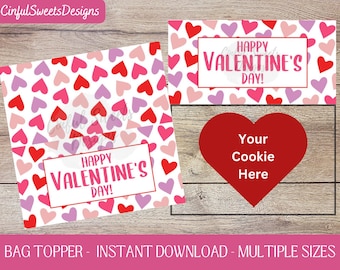 Happy Valentine&#39;s Day Pink and Red Hearts Cookie Bag Topper / Valentine / Heart / Love / Printable Treat Bag Toppers / Instant Download