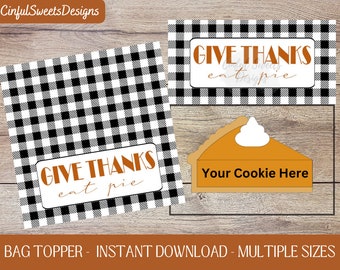 Dar gracias comer pastel negro búfalo cuadros Acción de Gracias bolsa de galletas Topper / Acción de Gracias / Toppers de bolsa de golosina imprimibles / Descarga instantánea