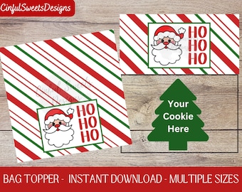 Santa Ho Ho Ho Christmas Red and Green Stripe Cookie Bag Topper / Christmas / Printable Treat Bag Toppers / Stripes / Instant Download