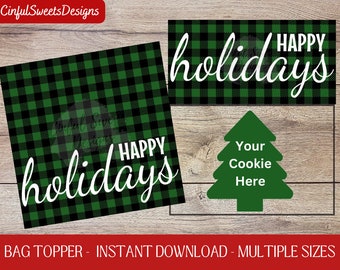 Happy Holidays Green Christmas Cookie Bag Topper / Christmas / Printable Treat Bag Toppers / Plaid / Instant Download
