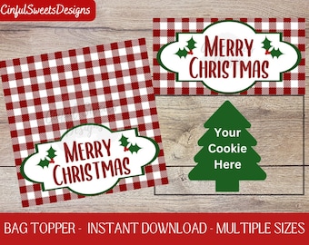 Merry Christmas Cookie Bag Topper / Christmas / Printable Treat Bag Toppers / Plaid / Instant Download / Holly