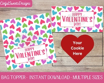 Happy Valentine&#39;s Day Colorful Colored Hearts Cookie Bag Topper / Valentine / Heart / Love / Printable Treat Bag Toppers / Instant Download