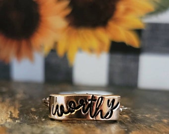 Worthy Ring /Stainless Steel Plate Style Rings / HANDSTAMPED Stacking Rings / Name Stacking Ring / Anniversary Date Ring / Personalized Ring