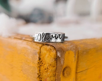 Stainless Steel Plate Style Rings / HANDSTAMPED Stacking Rings / Name Stacking Ring / Anniversary Date Ring / Personalized Ring Gift / Ring