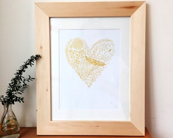 Screen printing - screenprinting "Golden Heart" // handmade - hand made - limited series - original gift gift - decoration