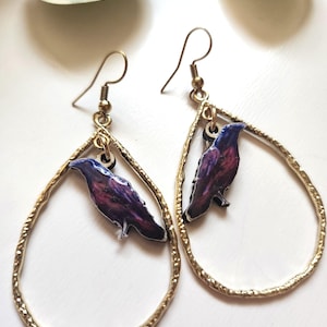 RAVEN Hoop wood earrings | crow Earrings | bird Earrings | Dangle hoop painted Earrings | Handpainted jewelry |