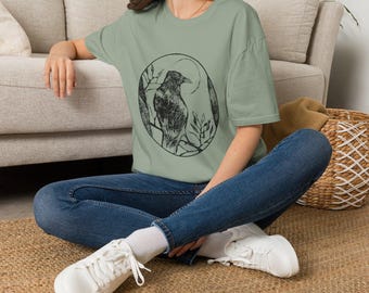 Raven Illustration T-Shirt | Moon and Botanical Circle Graphic