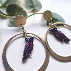 RAVEN Hoop wood earrings | crow Earrings | bird Earrings | Dangle hoop painted Earrings | Handpainted jewelry |