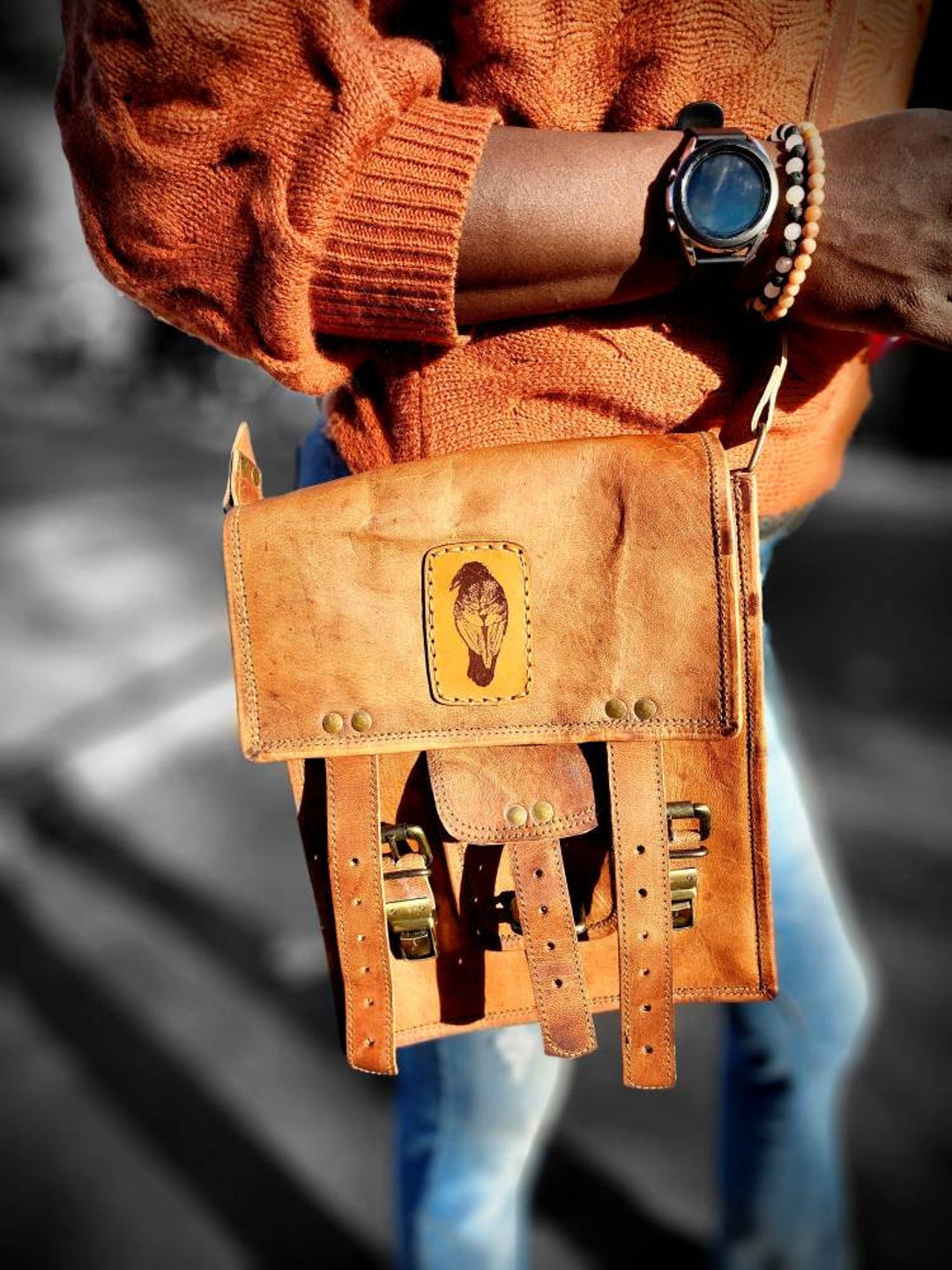 Genuine Leather Raven Messenger Bag Hand Sewn Patch Leather Etsy