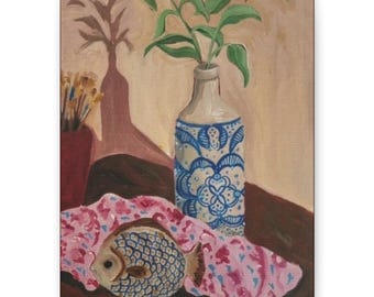 Blue Delft Bottle and Fish Still Life Canvas | Matte Stretched Wall Art