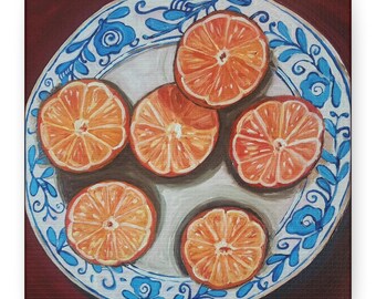 Sliced Oranges on Blue Plate Matte Canvas