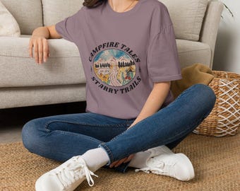 Campfire Tales mountain scene T-Shirt | hiking, stars, camping design
