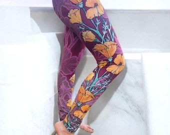 High Waisted Leggings: California Poppy Floral Print Yoga Pants