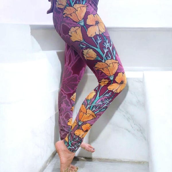 High Waisted Leggings: California Poppy Floral Print Yoga Pants