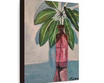 Pink Glass Bottle with Green Leaves Canvas