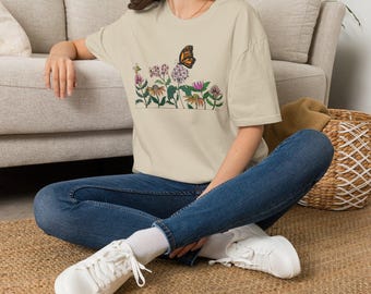 Monarch Butterfly and Wildflower Meadow T-Shirt | Botanical Floral Tee