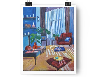 Cozy Living Room Interior Giclée Art Print | Colorful Home Scene, Midcentury Plants