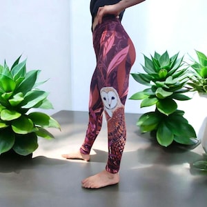 Owl in the Trees Yoga Pants, owl leggings, spirit owl design, nature print leggings, bird design yoga pants, nature lover leggings