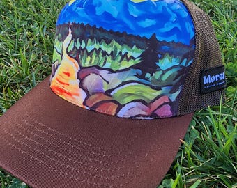 Illustrated Landscape Trucker Hat, Nature Art, Painted Design