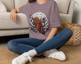 Barn Owl Illustration T-Shirt | Woodland Bird Art, Neutral Tee