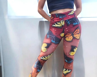 High Waisted Butterfly Yoga Leggings: Hand-Drawn Print