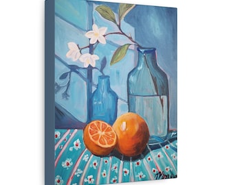 Orange Still Life Canvas Print, Stretched Wall Art | Fruit and Bottles Painting