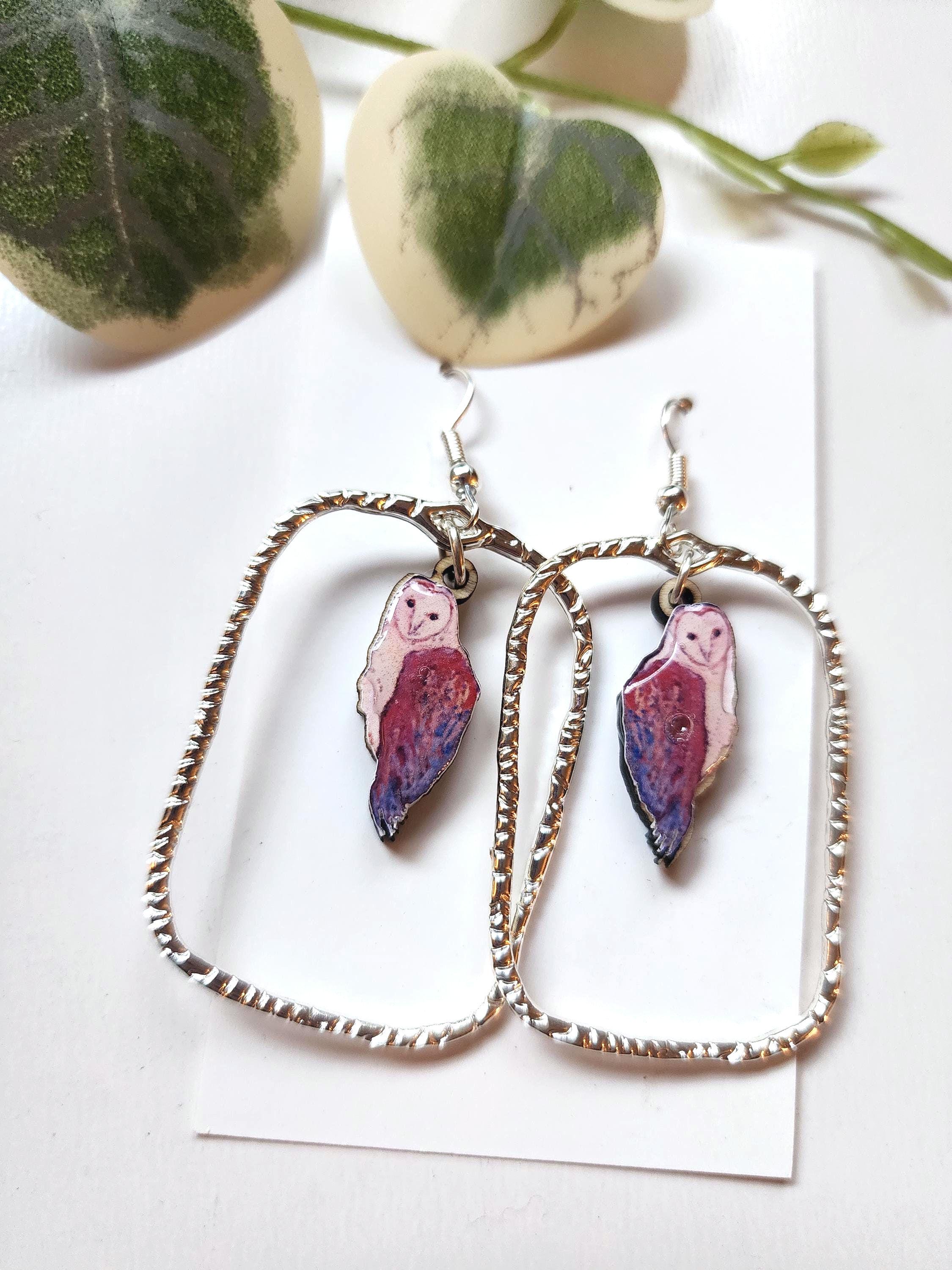 Hand-Painted Barn Owl Earrings: Teardrop Wood & Silver Dangle Earrings