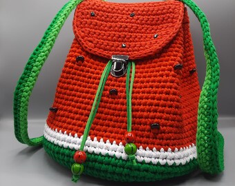 Handmade Crochet Watermelon Backpack: Cotton Yarn Bag with Agate Seeds