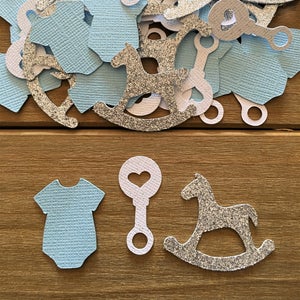 Blue Baby Shower Confetti, Rocking Horse Confetti, It&#39;s a Boy, Blue Romper Confetti, Rattle Confetti, Silver Confetti, Boy Baby Shower