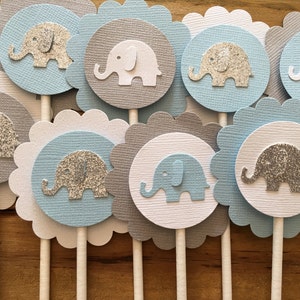 12 Elephant Cupcake Toppers, Elephant Cake Topper, Elephant Baby Shower, Elephant decoration, elephant party decoration, It's a boy image 1