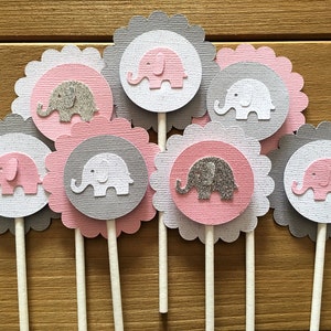 12 Elephant Cupcake Toppers, Elephant Cake Topper, Elephant Baby Shower, Elephant decoration, elephant party decoration, It's a girl