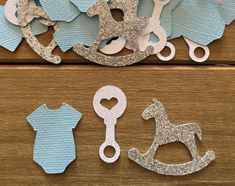 Blue Baby Shower Confetti, Silver Glitter Rocking Horse, Romper, Rattle