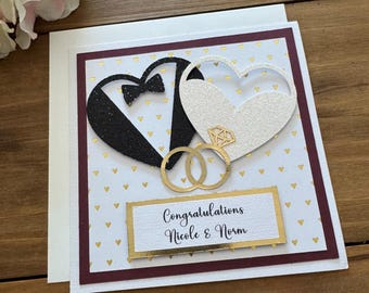 Handmade Hearts Wedding Card with Rings, Custom Greeting, Personalized