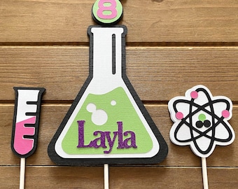 Personalized Pink Science Birthday Cake Topper: Flask, Beaker, Test Tube and Atom
