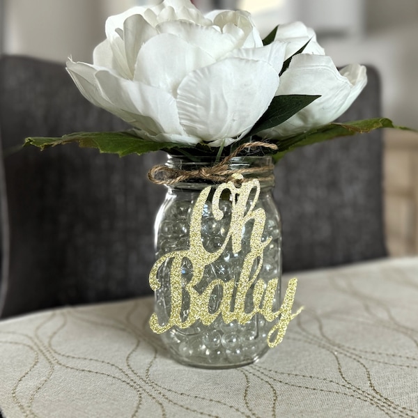 Oh Baby Baby Shower Decor - Mason Jar Tag - Centerpiece Decorations - It's a boy - It's a girl - Gender Reveal - Glitter Tags