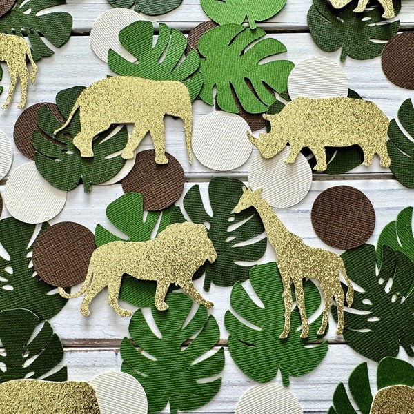 Safari Confetti - Jungle Baby Shower Decor - Giraffe Cutouts - Lion - Elephant Party - Birthday Celebration - Wild One - Monstera Leaves