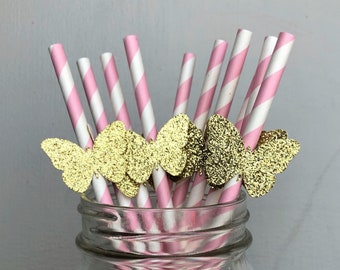 10 Pink & Gold Butterfly Paper Straws, It's a Girl, butterfly baby shower, Butterfly birthday, Party Straws, Butterfly Party