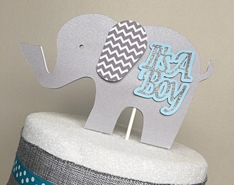 Elephant Cake Topper: Blue, Gray and Silver Glitter Boy Baby Shower Decoration