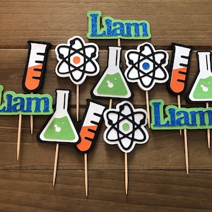 Custom Science Cupcake Toppers, Science Party, Science Birthday, Mad Scientist Birthday, Beaker, Test Tube Cake, Atom Cupcake topper