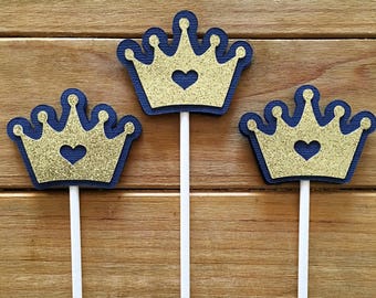 12 Crown Cupcake Toppers, Crown Cake Topper, Royal Baby Shower, Prince Baby Shower, Prince Birthday Party, It's a boy, Navy and Gold shower