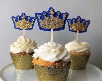 Blue & Gold Prince Princess Crown Cupcake Toppers, Royal Baby Shower ...